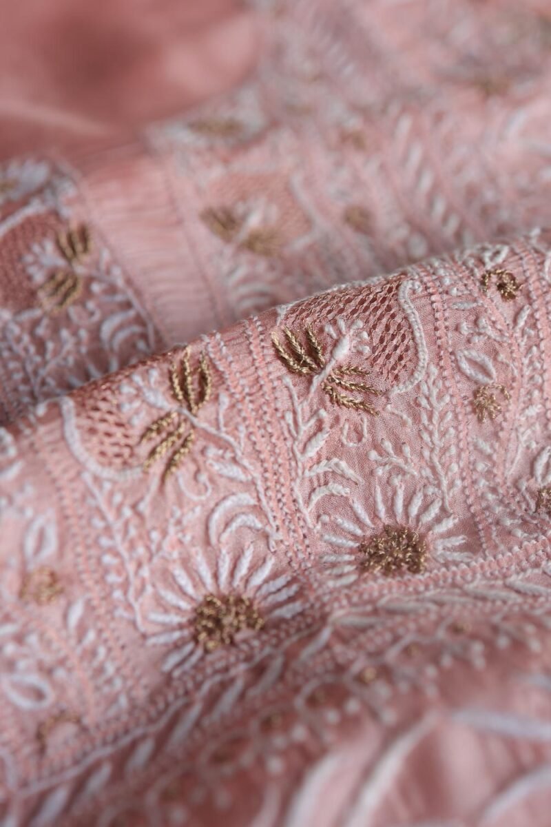 Peach Paper Tussar Resham Chikankari Unstitched Kurta Dupatta Set
