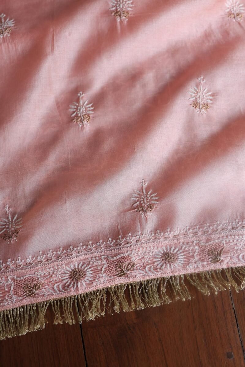Peach Paper Tussar Resham Chikankari Unstitched Kurta Dupatta Set