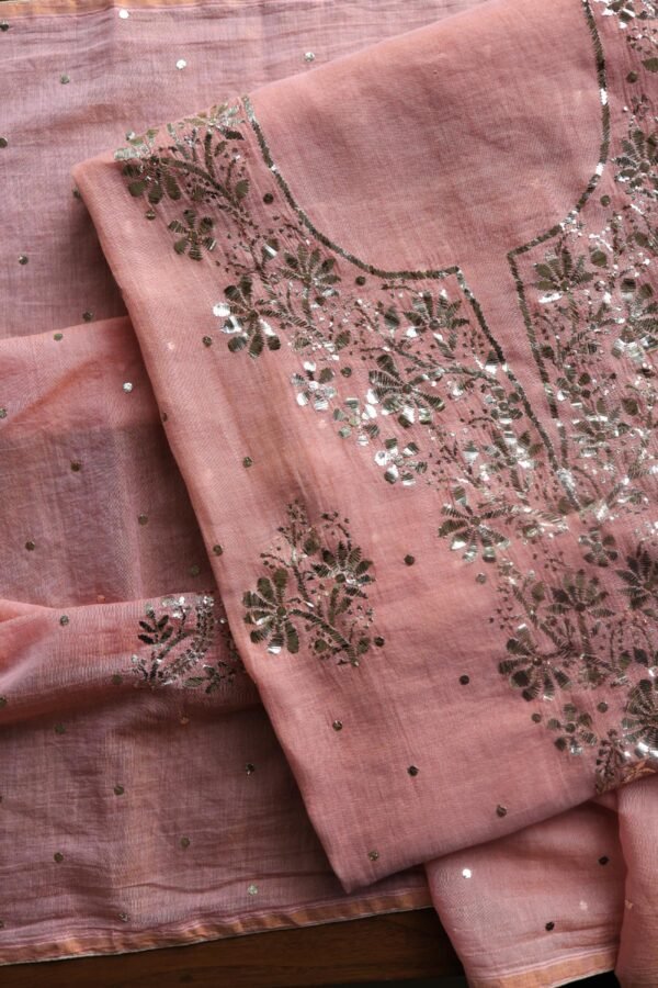Peach Roheen Tissue Silk Mukaish Badla Fabric - Image 3