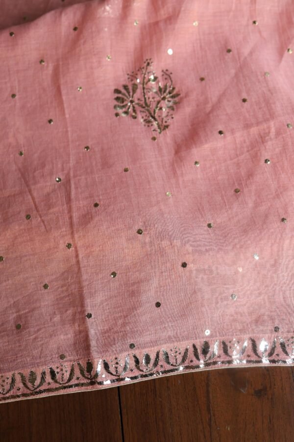 Peach Roheen Tissue Silk Mukaish Badla Fabric - Image 12
