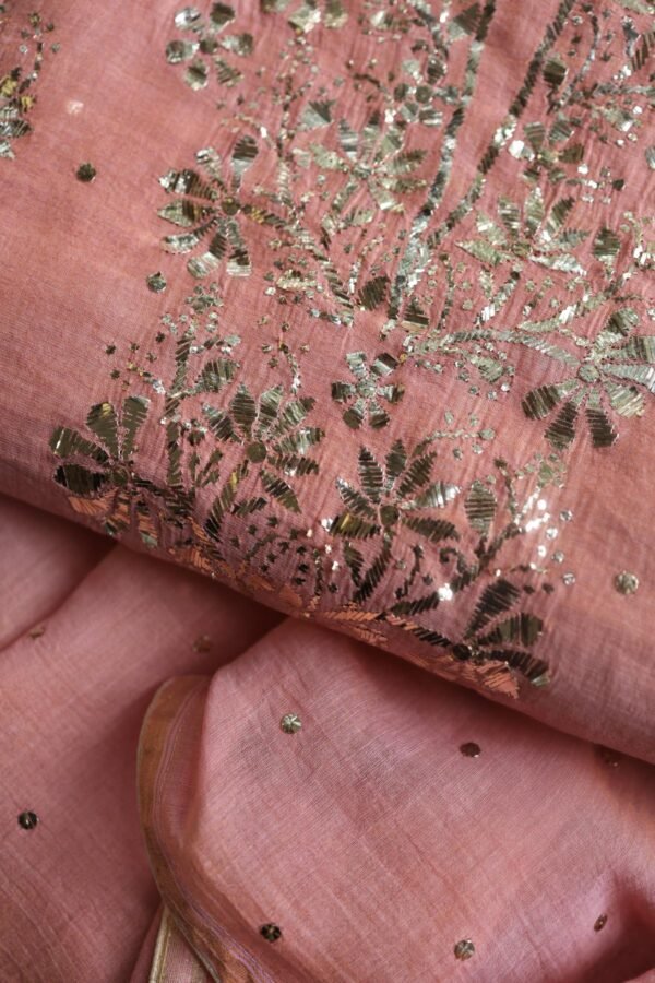 Peach Roheen Tissue Silk Mukaish Badla Fabric - Image 2