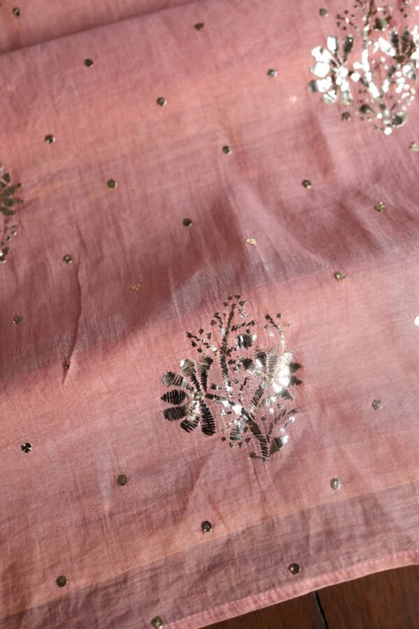 Peach Roheen Tissue Silk Mukaish Badla Fabric - Image 9