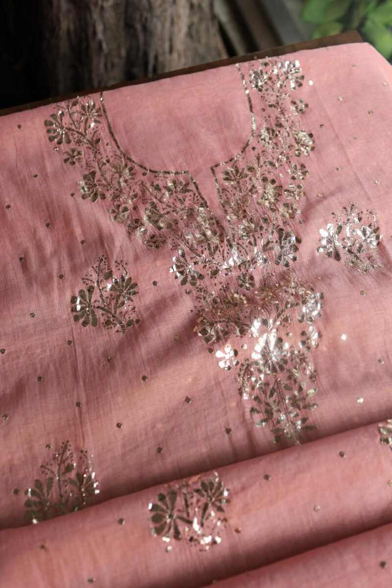 Peach Roheen Tissue Silk Mukaish Badla Fabric
