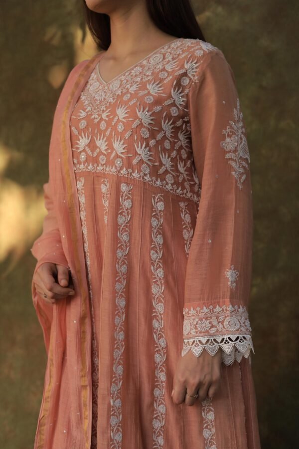 Peach Shade Mulmul Work With Chikankari Ready To Wear Anarkali With Dupatta - Image 6