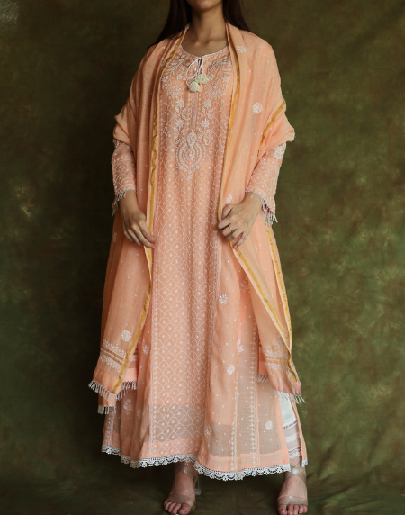 Peach & White Mulmul Pearl Work Chikankari Anarkali With Dupatta