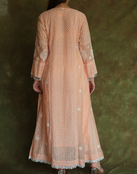 Peach & White Mulmul Pearl Work Chikankari Anarkali With Dupatta