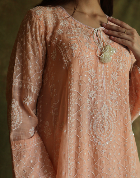 Peach & White Mulmul Pearl Work Chikankari Anarkali With Dupatta