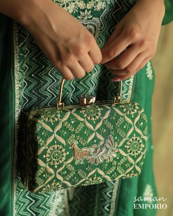 Peacock Motif Chikankari Moonga Silk Handle Sling Clutch