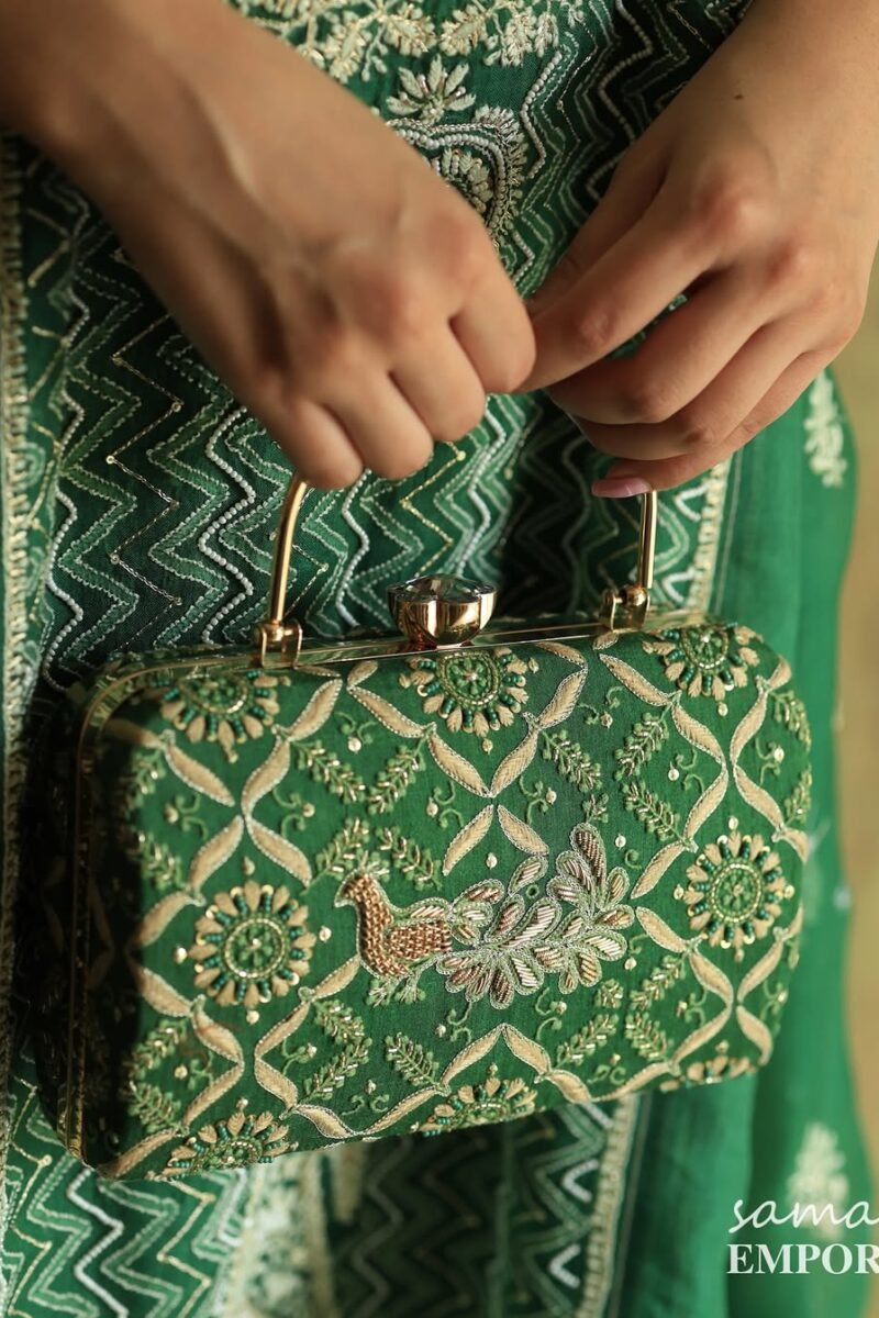 Peacock Motif Chikankari Moonga Silk Handle Sling Clutch