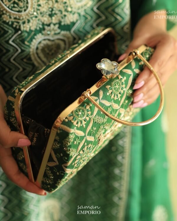 Peacock Motif Chikankari Moonga Silk Handle Sling Clutch - Image 3