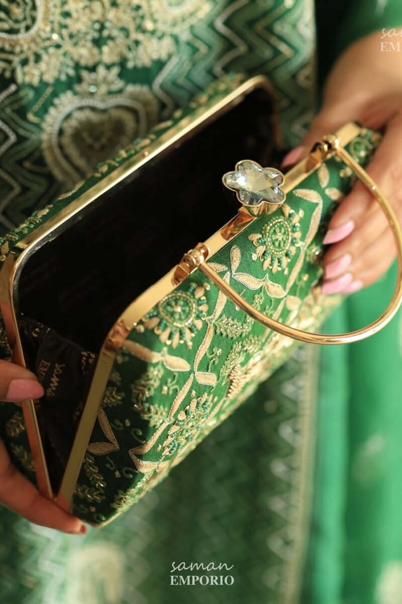 Peacock Motif Chikankari Moonga Silk Handle Sling Clutch