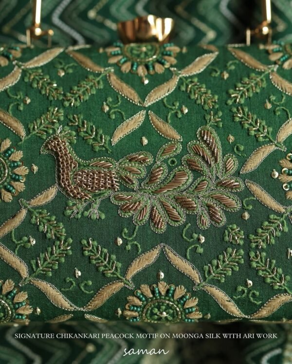 Peacock Motif Chikankari Moonga Silk Handle Sling Clutch - Image 4