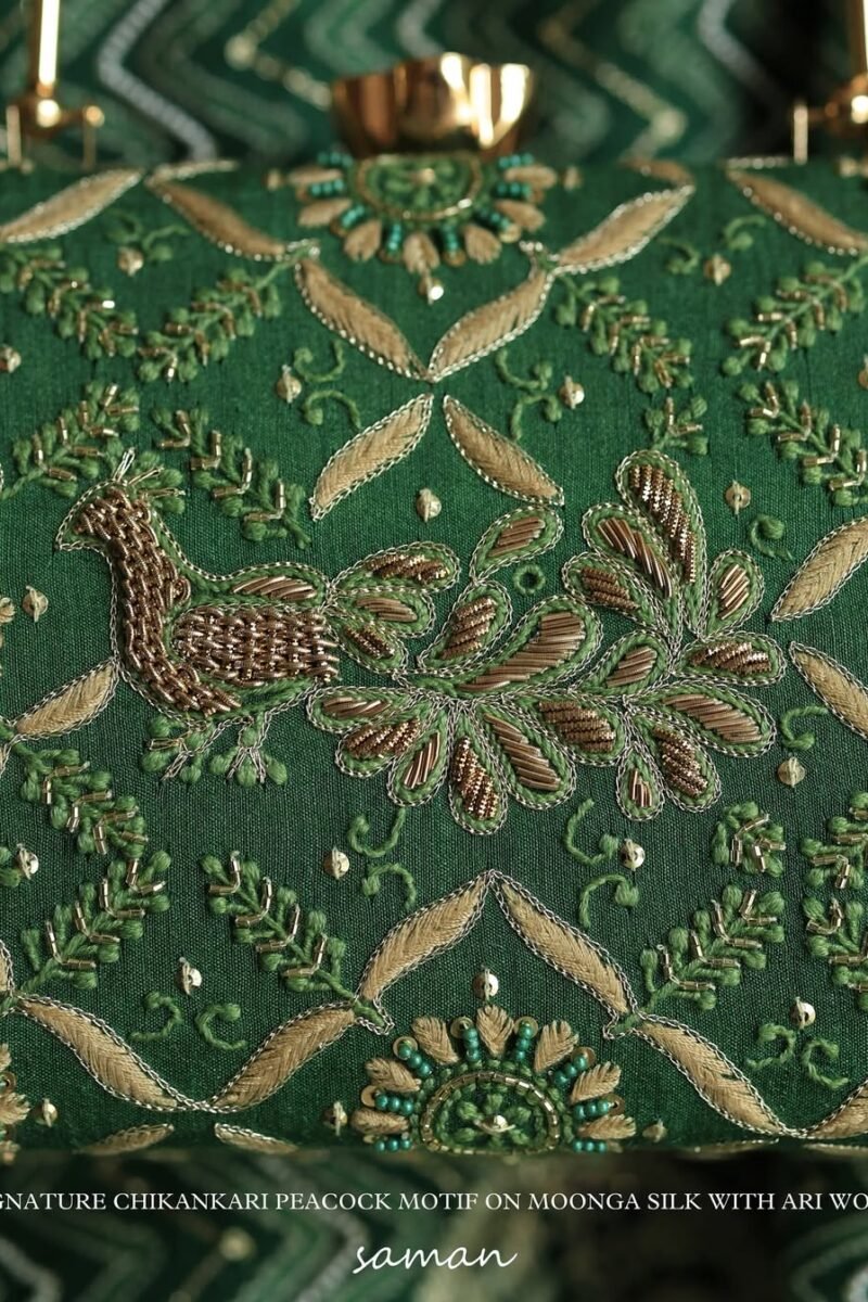 Peacock Motif Chikankari Moonga Silk Handle Sling Clutch