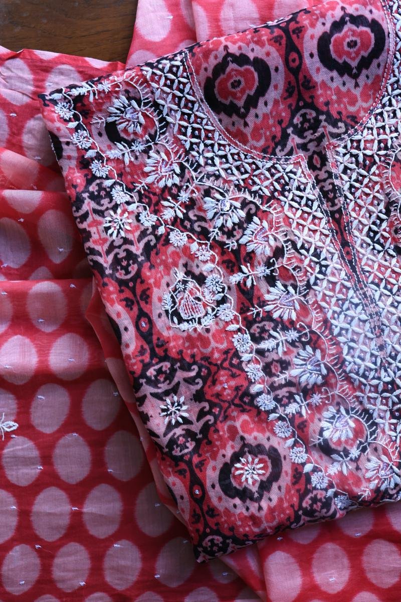 Pink & Black Soft Cotton Printed Unstitched Kurta Dupatta Set with Chikankari & Sequin Work