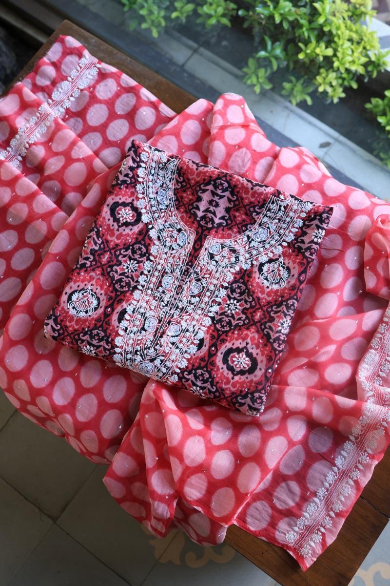 Pink & Black Soft Cotton Printed Unstitched Kurta Dupatta Set with Chikankari & Sequin Work