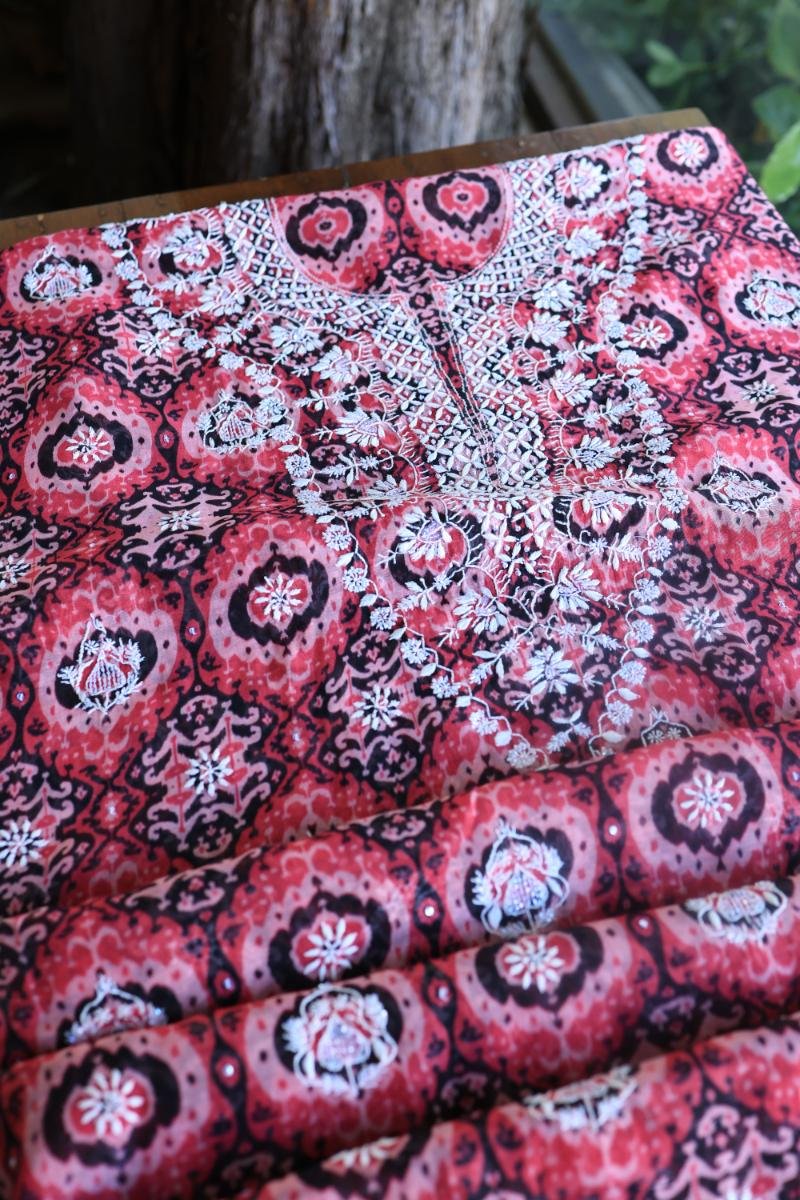 Pink & Black Soft Cotton Printed Unstitched Kurta Dupatta Set with Chikankari & Sequin Work