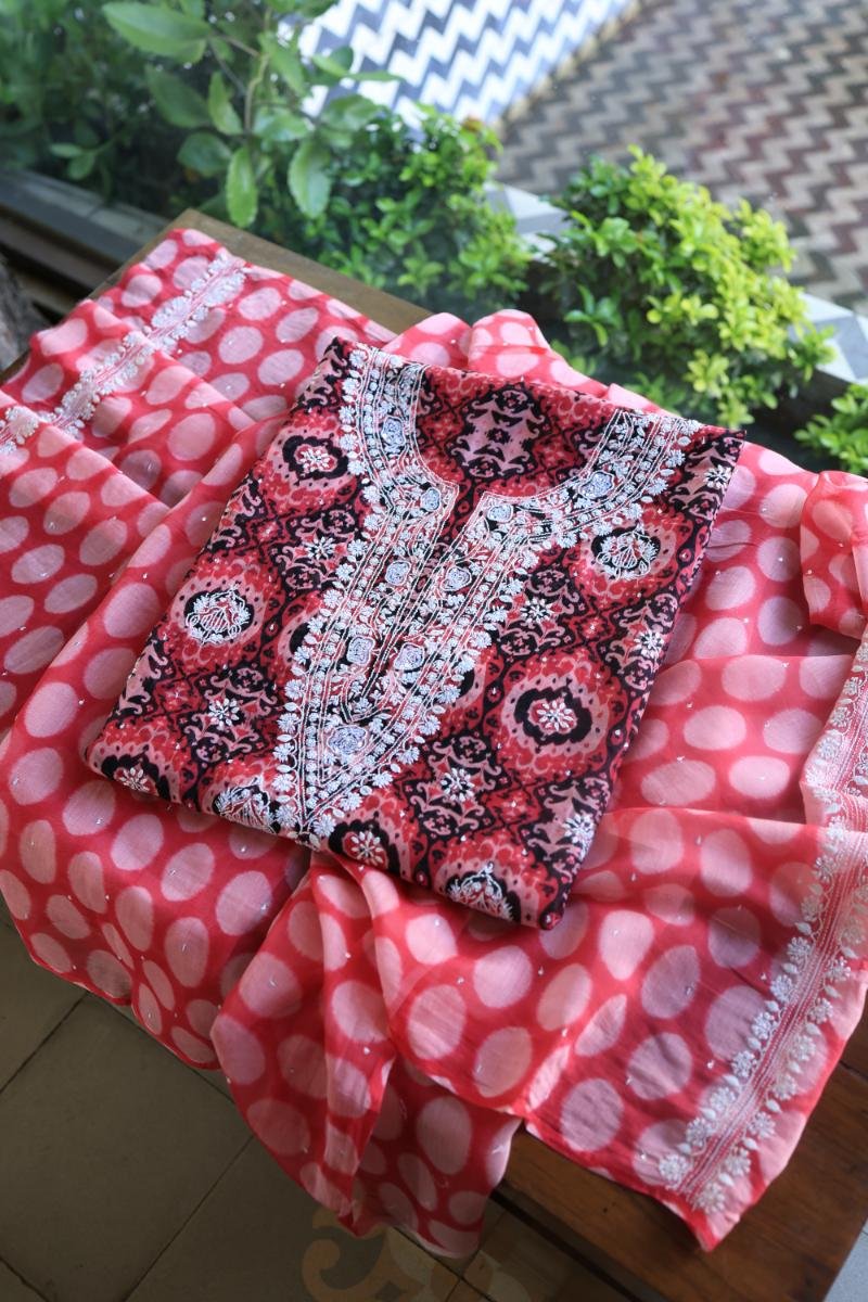 Pink & Black Soft Cotton Printed Unstitched Kurta Dupatta Set with Chikankari & Sequin Work