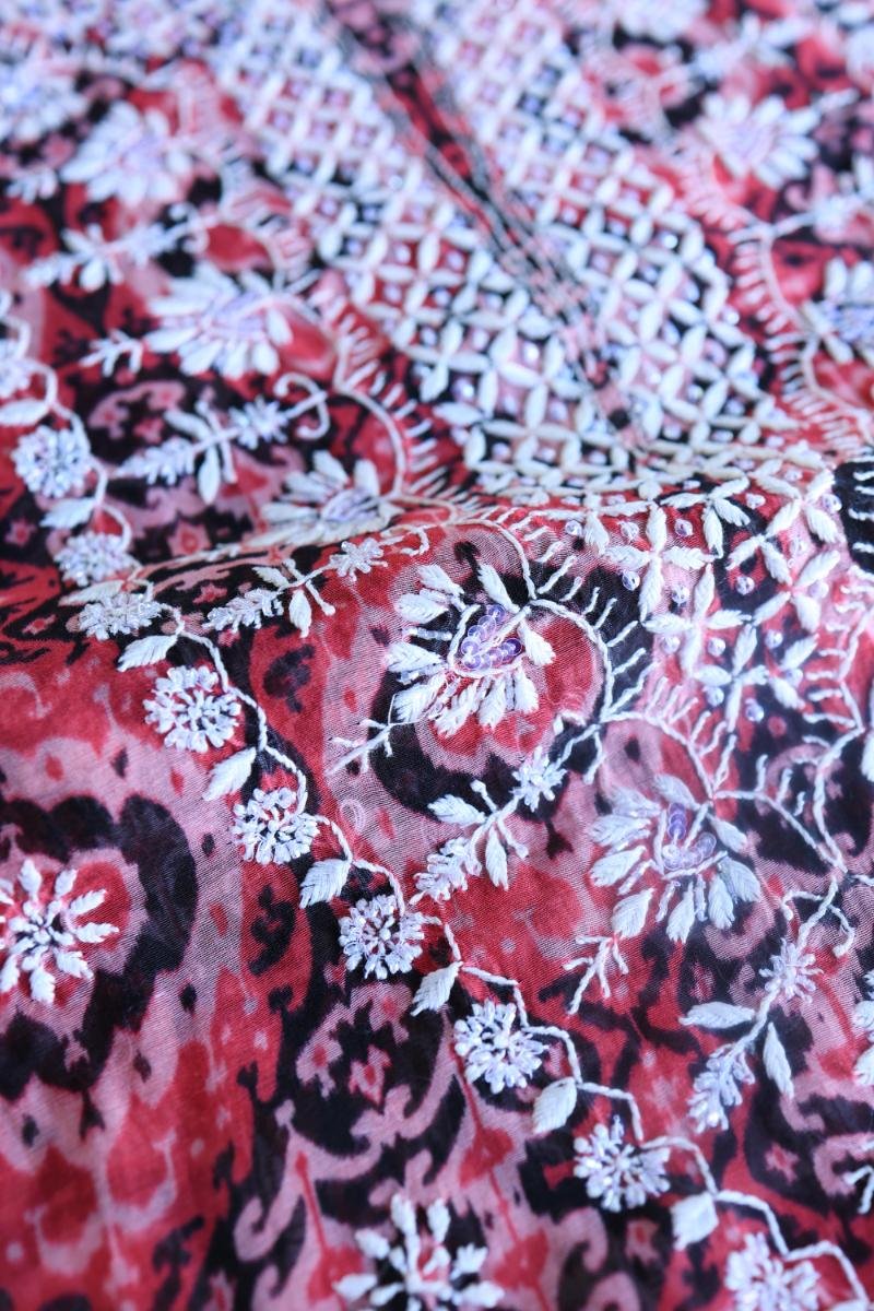 Pink & Black Soft Cotton Printed Unstitched Kurta Dupatta Set with Chikankari & Sequin Work