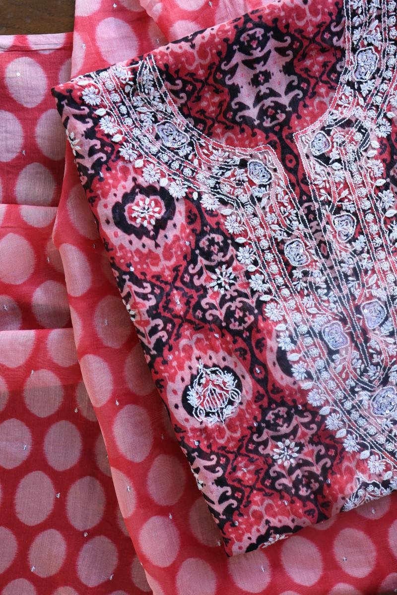 Pink & Black Soft Cotton Printed Unstitched Kurta Dupatta Set with Chikankari & Sequin Work