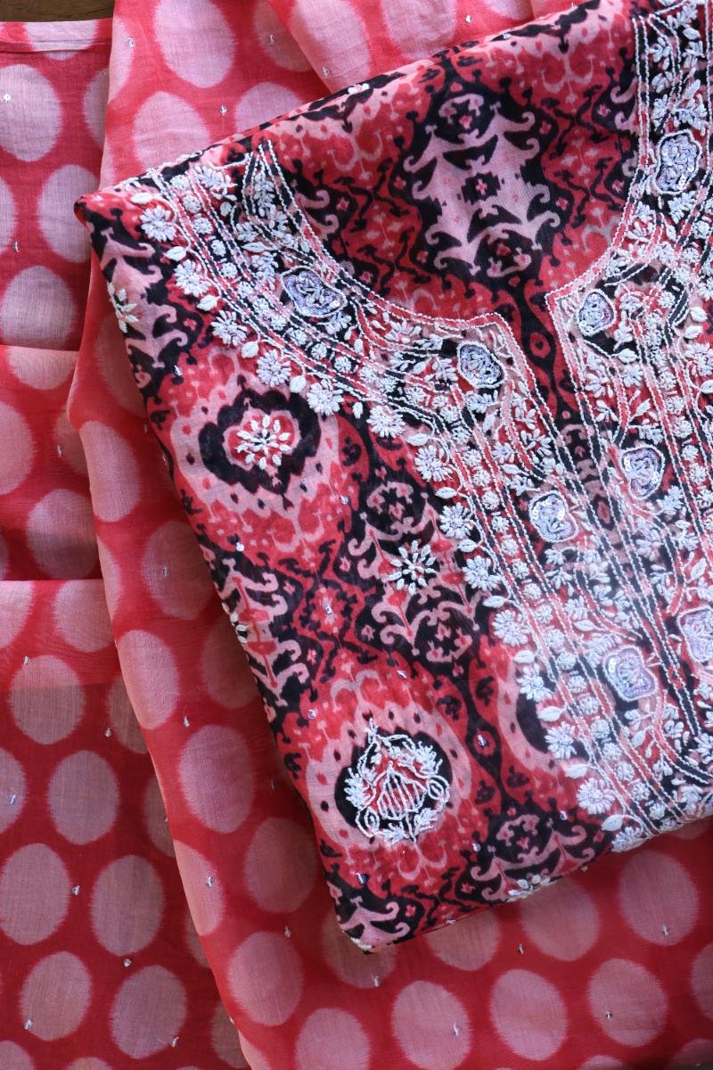 Pink & Black Soft Cotton Printed Unstitched Kurta Dupatta Set with Chikankari & Sequin Work