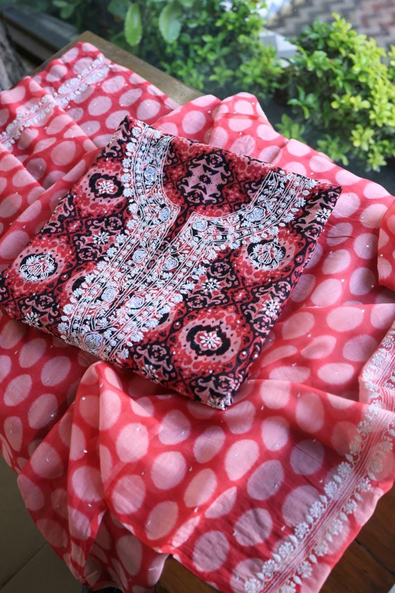 Pink & Black Soft Cotton Printed Unstitched Kurta Dupatta Set with Chikankari & Sequin Work