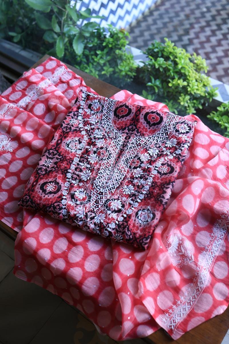 Pink & Black Soft Cotton Printed Unstitched Kurta Dupatta Set with Chikankari & Sequin Work