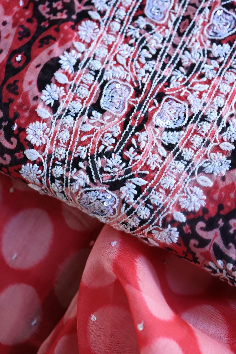 Pink & Black Soft Cotton Printed Unstitched Kurta Dupatta Set with Chikankari & Sequin Work