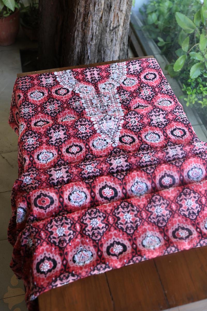 Pink & Black Soft Cotton Printed Unstitched Kurta Dupatta Set with Chikankari & Sequin Work