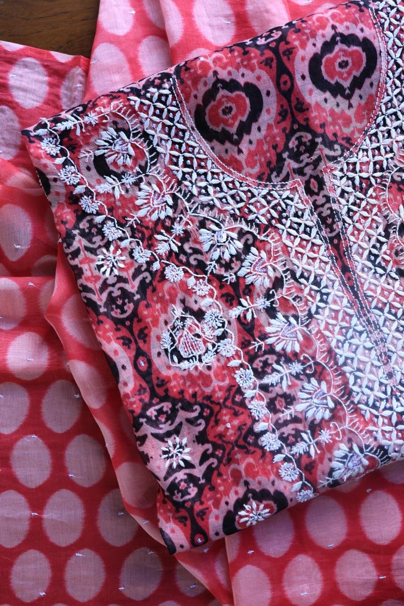 Pink & Black Soft Cotton Printed Unstitched Kurta Dupatta Set with Chikankari & Sequin Work