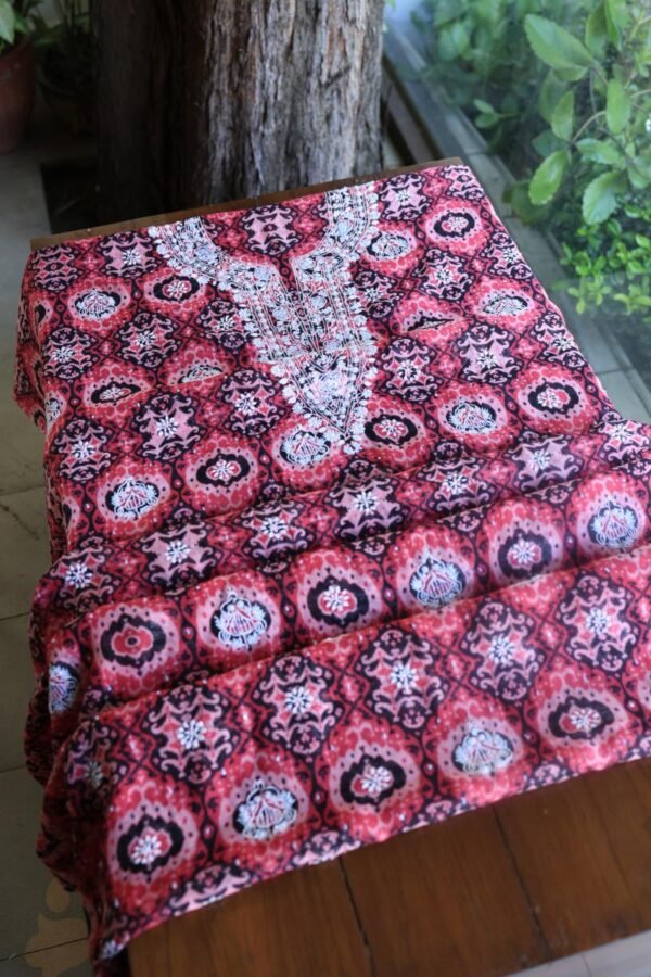 Pink & Black Soft Cotton Printed Unstitched Kurta Dupatta Set with Chikankari & Sequin Work - Image 13