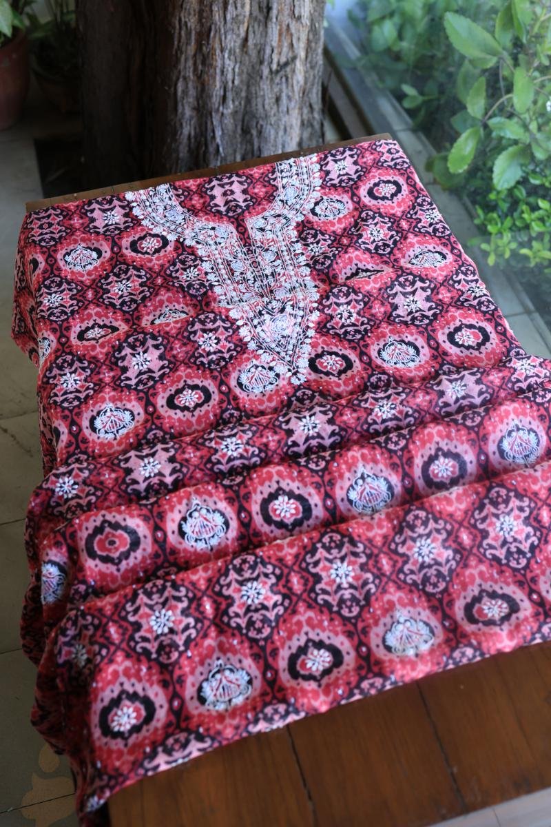 Pink & Black Soft Cotton Printed Unstitched Kurta Dupatta Set with Chikankari & Sequin Work