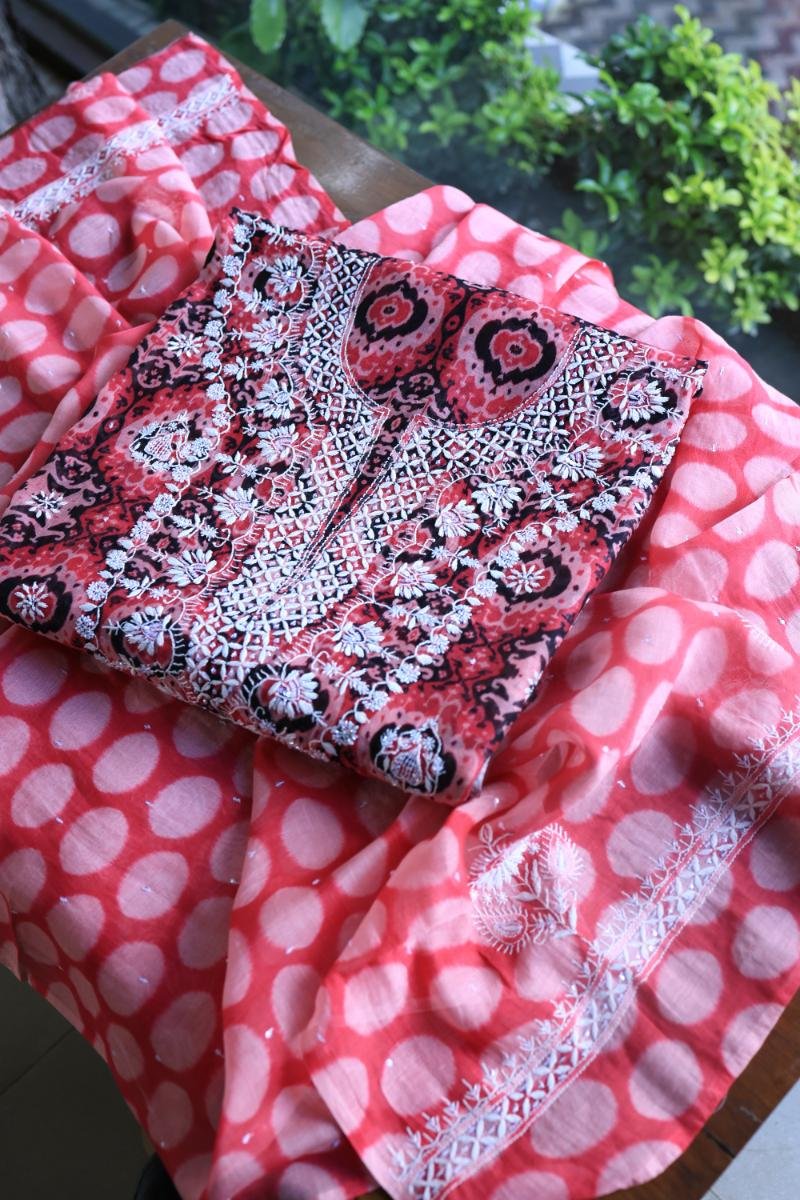 Pink & Black Soft Cotton Printed Unstitched Kurta Dupatta Set with Chikankari & Sequin Work