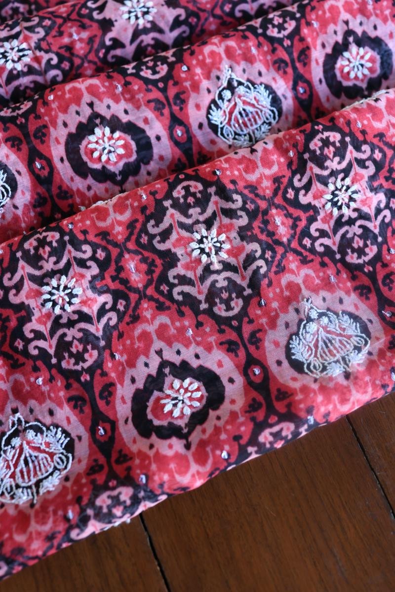 Pink & Black Soft Cotton Printed Unstitched Kurta Dupatta Set with Chikankari & Sequin Work