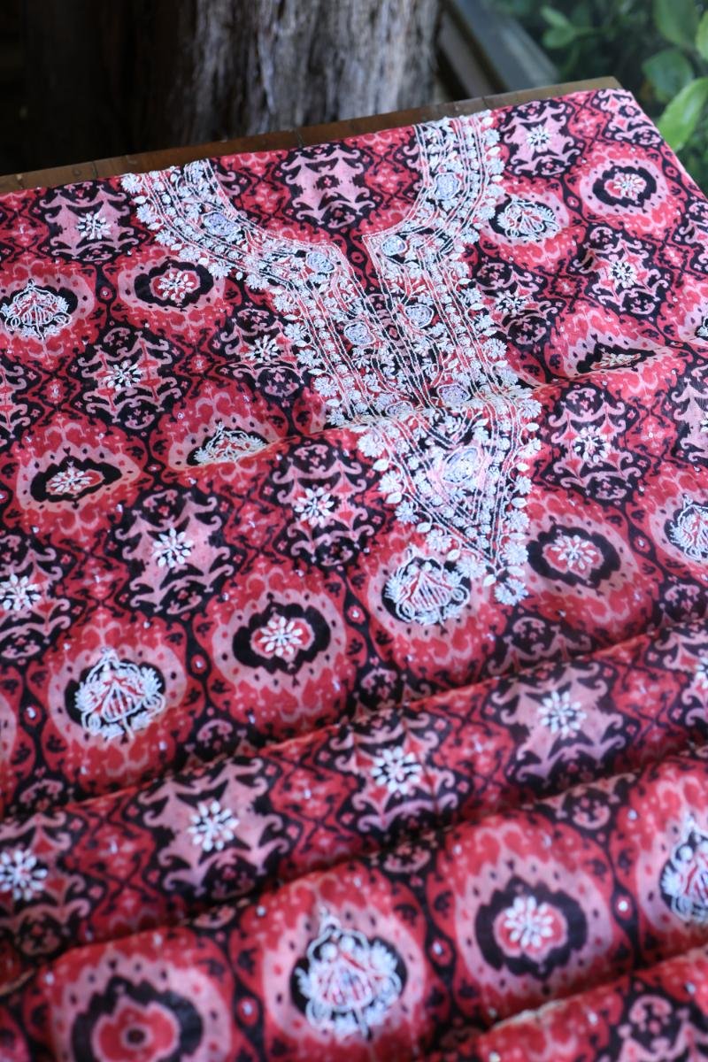 Pink & Black Soft Cotton Printed Unstitched Kurta Dupatta Set with Chikankari & Sequin Work