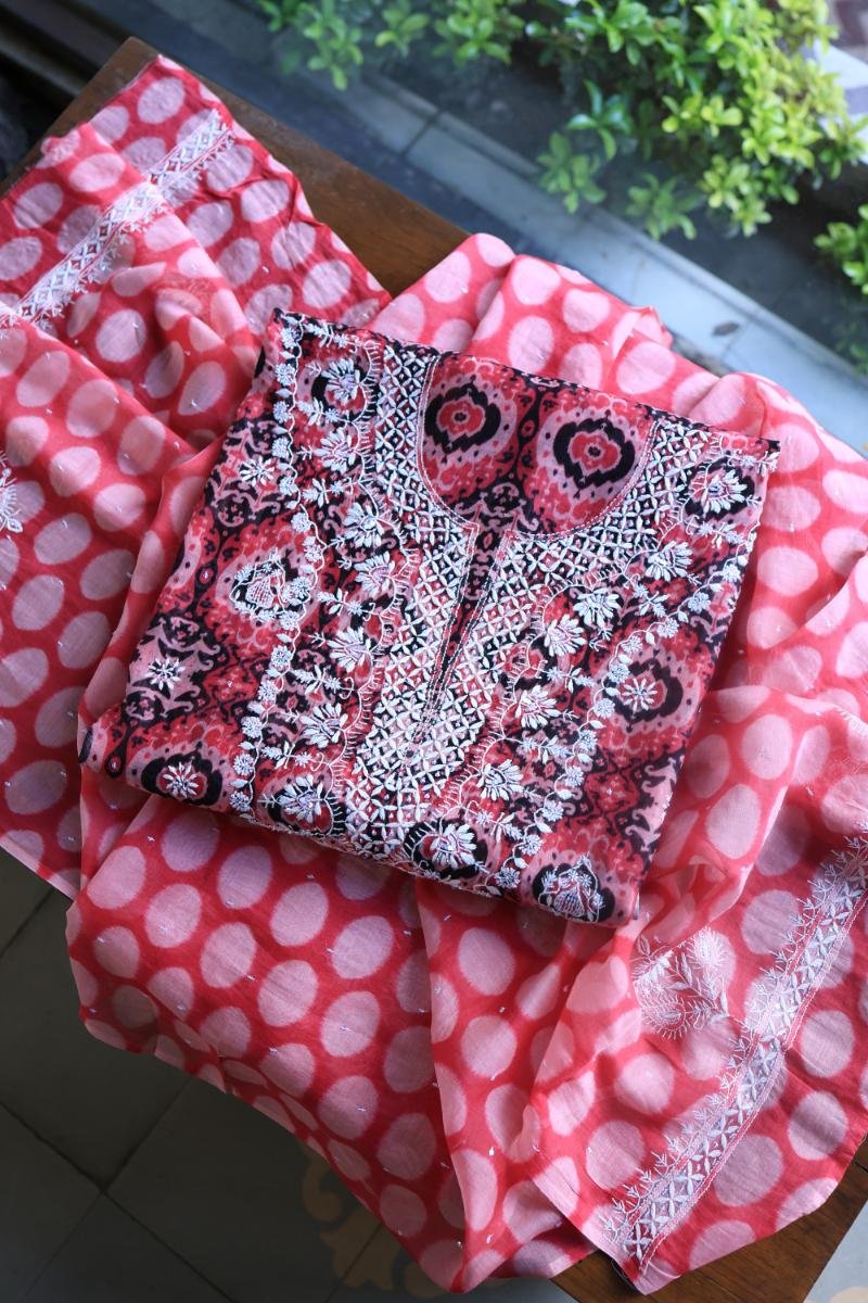 Pink & Black Soft Cotton Printed Unstitched Kurta Dupatta Set with Chikankari & Sequin Work