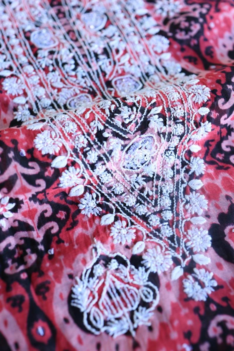 Pink & Black Soft Cotton Printed Unstitched Kurta Dupatta Set with Chikankari & Sequin Work