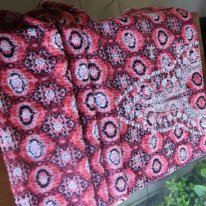 Pink & Black Soft Cotton Printed Unstitched Kurta Dupatta Set with Chikankari & Sequin Work