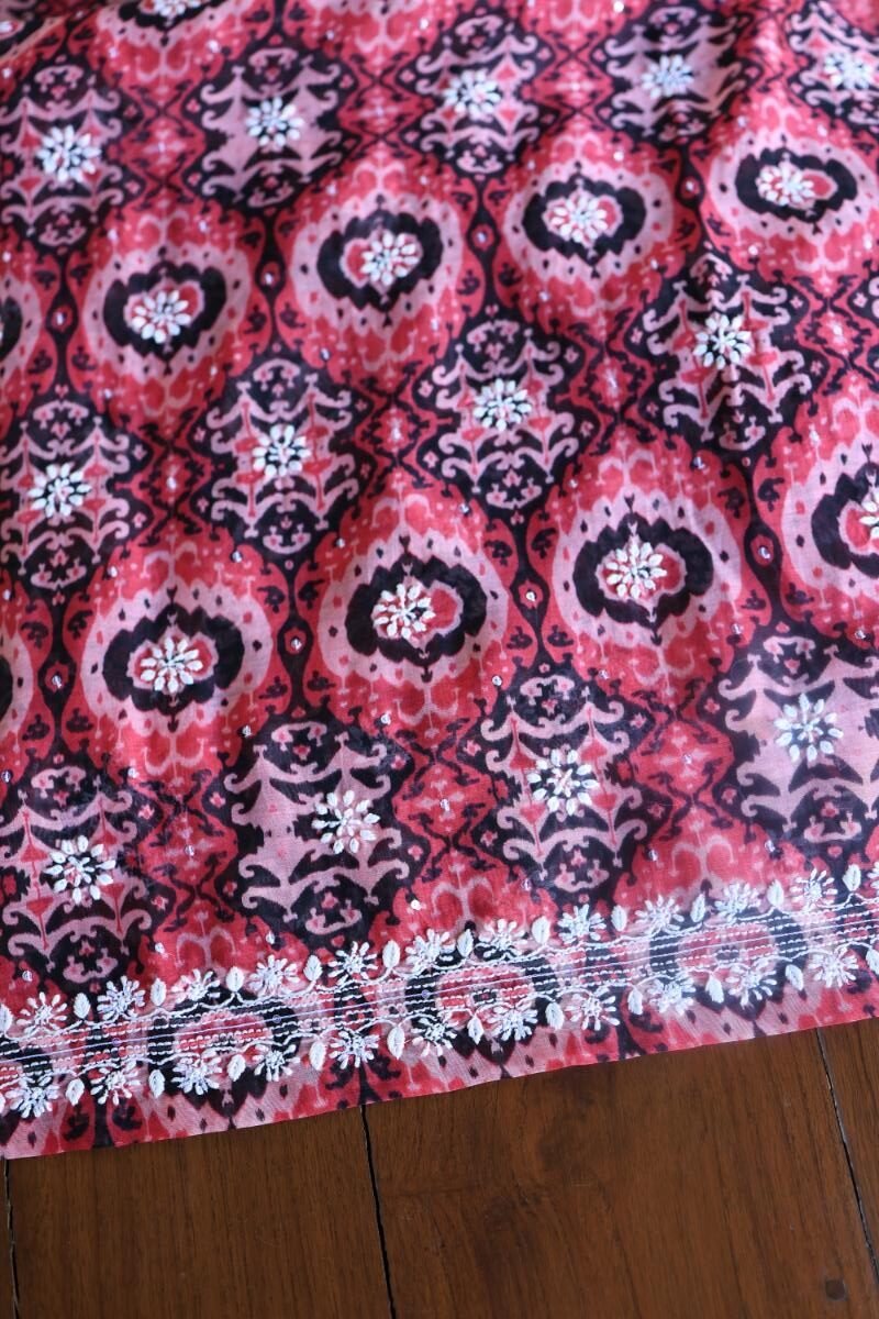 Pink & Black Soft Cotton Printed Unstitched Kurta Dupatta Set with Chikankari & Sequin Work