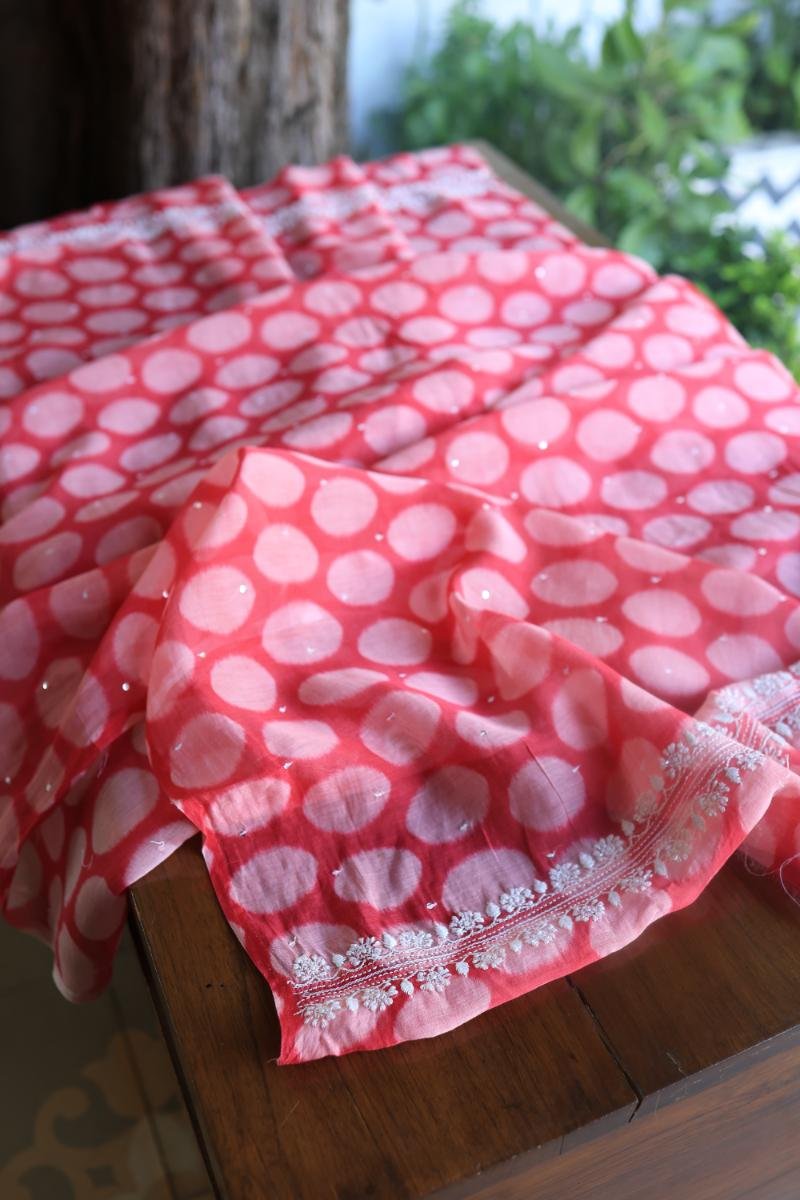 Pink & Black Soft Cotton Printed Unstitched Kurta Dupatta Set with Chikankari & Sequin Work