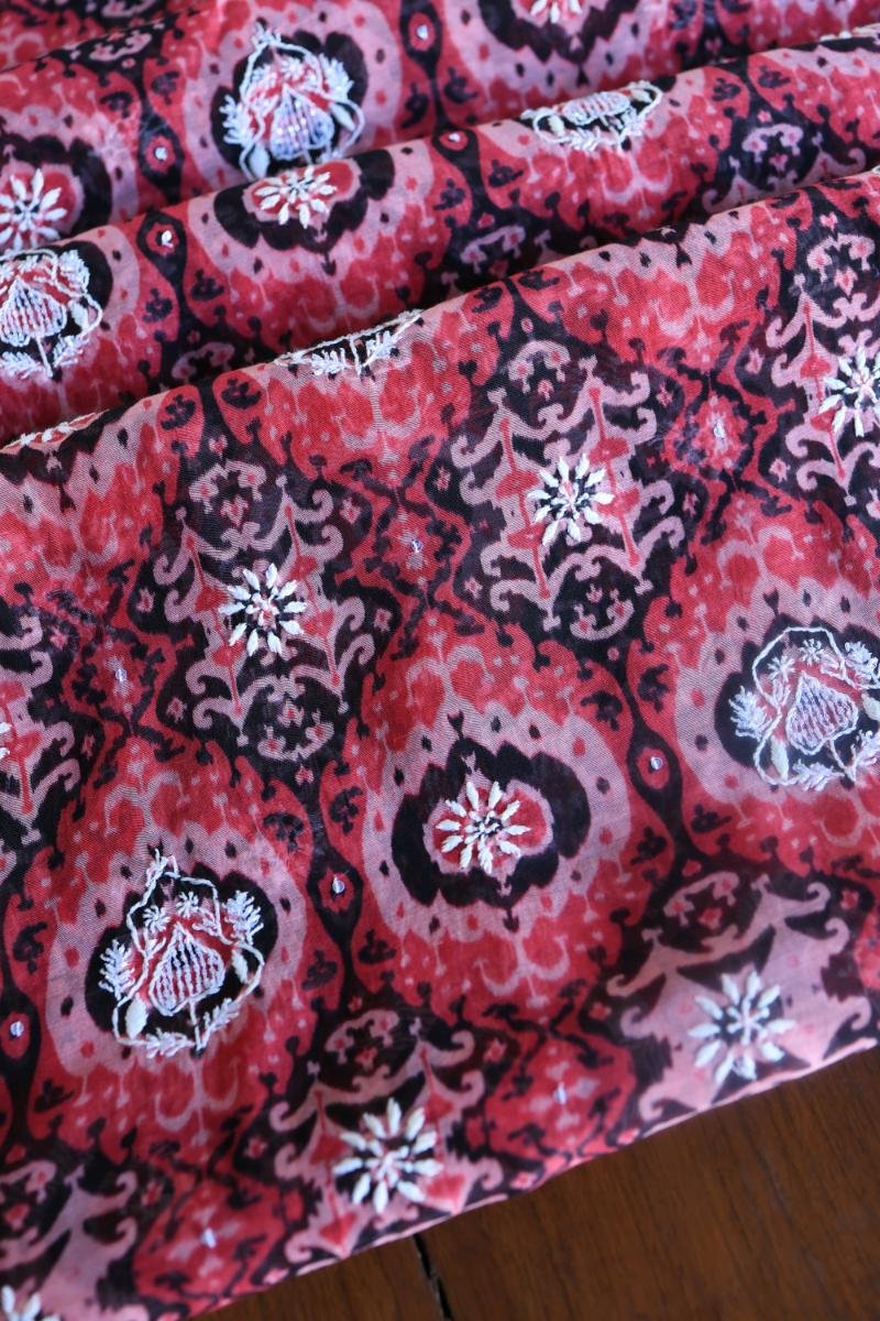 Pink & Black Soft Cotton Printed Unstitched Kurta Dupatta Set with Chikankari & Sequin Work