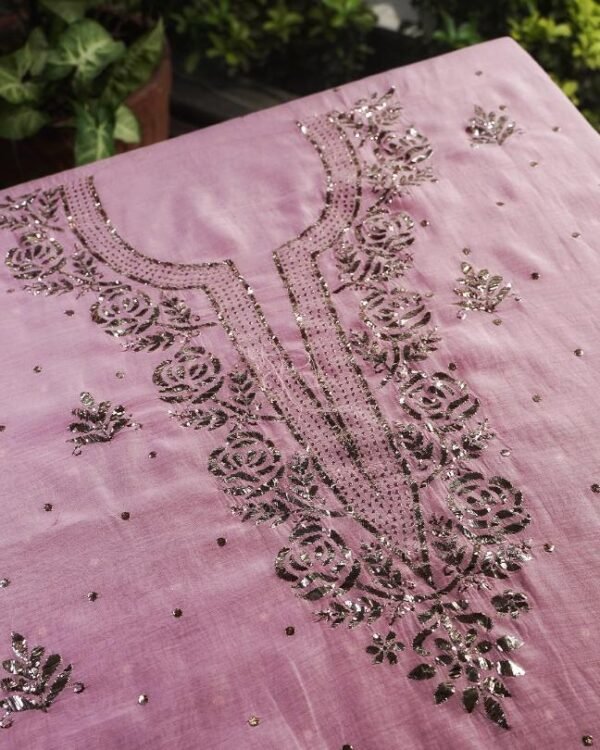 Pink Chanderi Mukaish Badla Unstitched Kurta Dupatta Set - Image 5