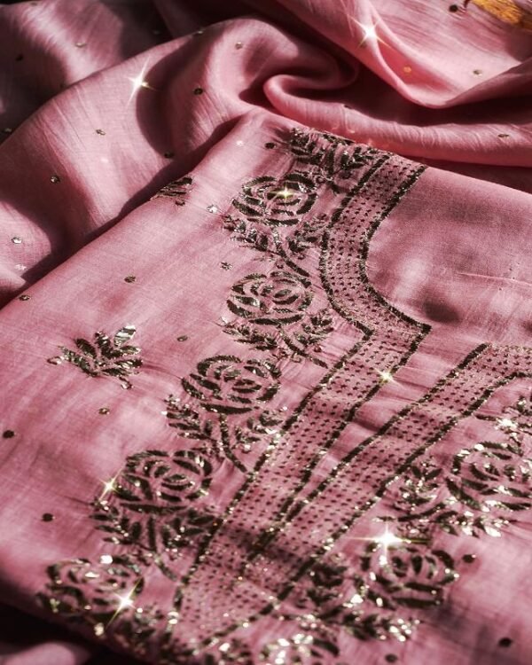 Pink Chanderi Mukaish Badla Unstitched Kurta Dupatta Set - Image 10
