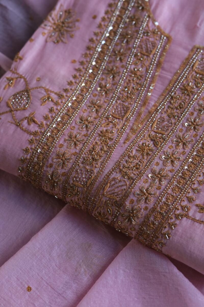 Pink Mal Chanderi Silk Chikankari With Sequins Unstitched Kurta Dupatta Set