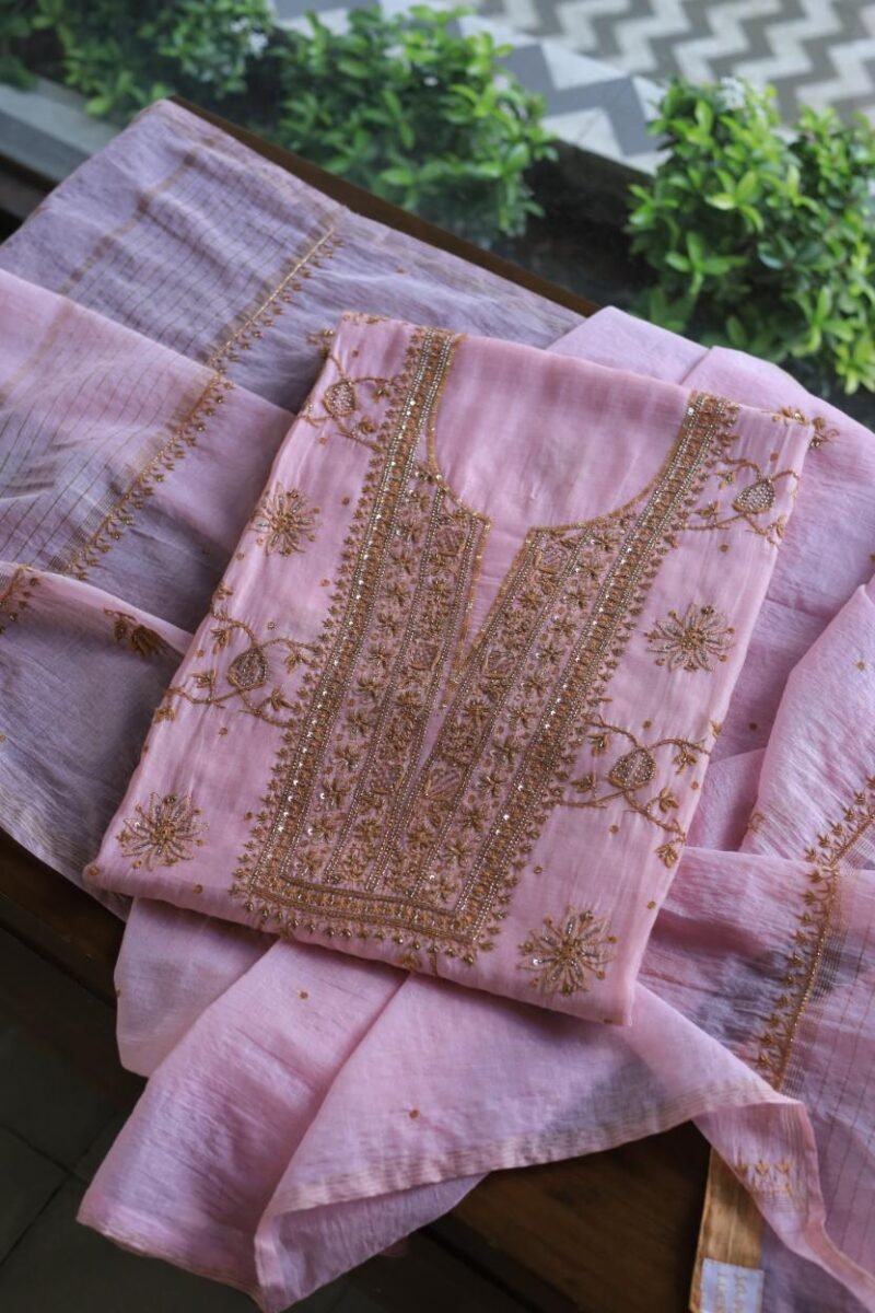 Pink Mal Chanderi Silk Chikankari With Sequins Unstitched Kurta Dupatta Set