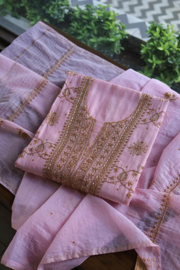 Pink Mal Chanderi Silk Chikankari With Sequins Unstitched Kurta Dupatta Set - Image 3