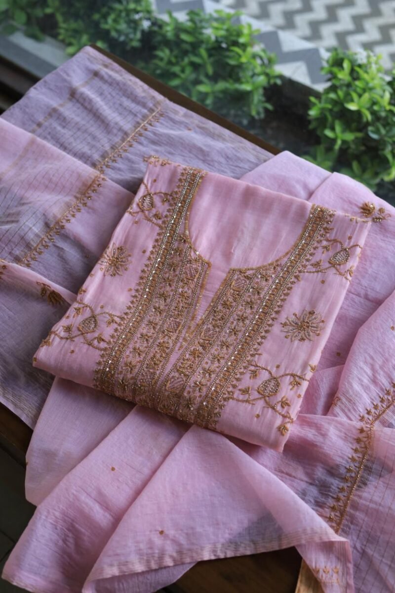Pink Mal Chanderi Silk Chikankari With Sequins Unstitched Kurta Dupatta Set