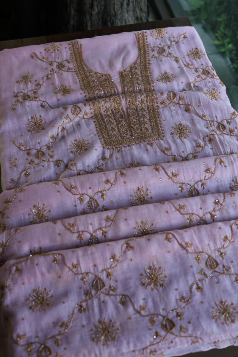 Pink Mal Chanderi Silk Chikankari With Sequins Unstitched Kurta Dupatta Set