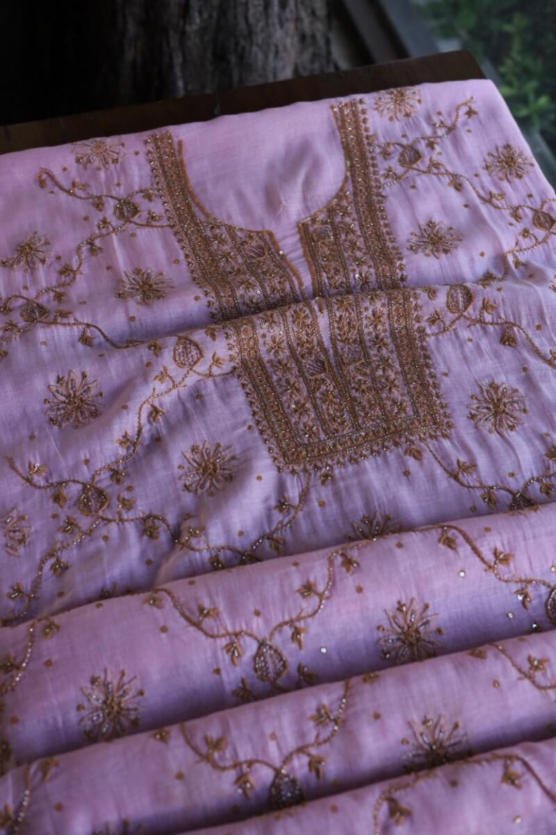 Pink Mal Chanderi Silk Chikankari With Sequins Unstitched Kurta Dupatta Set