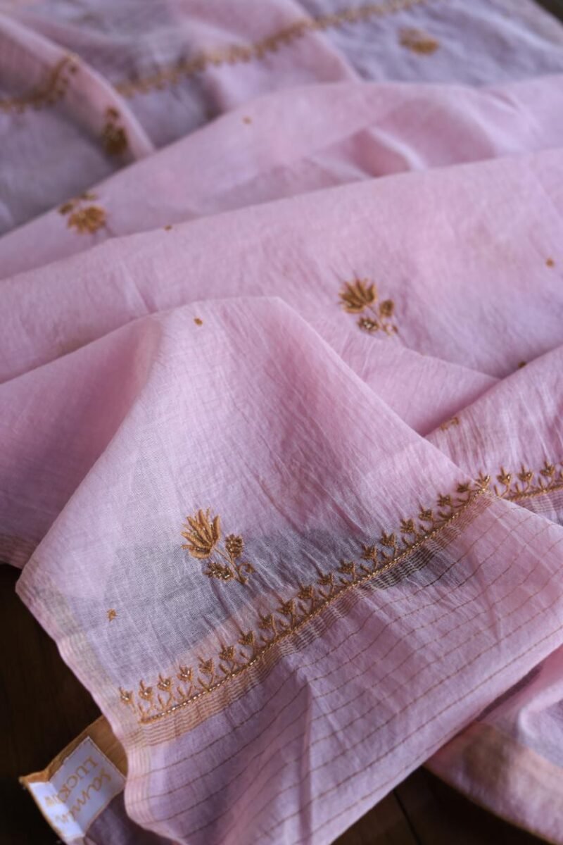 Pink Mal Chanderi Silk Chikankari With Sequins Unstitched Kurta Dupatta Set