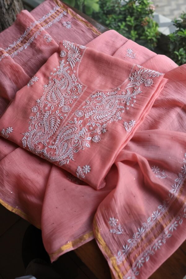 Pink Mal Cotton Chikankari Unstitched Kurta Dupatta Fabrics With Kamdani